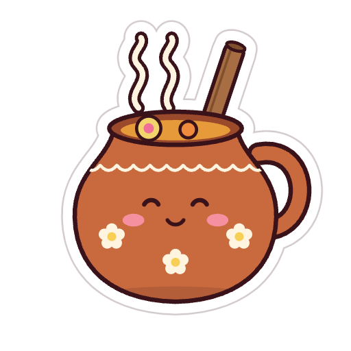 Sticker de un jarrito de barro con ponche navideño y canela