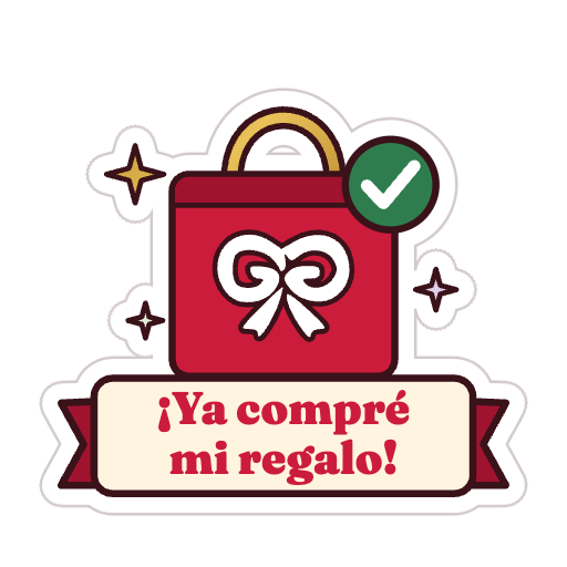 Sticker de una bolsa de compras con palomita y el texto «¡Ya compré mi regalo!»