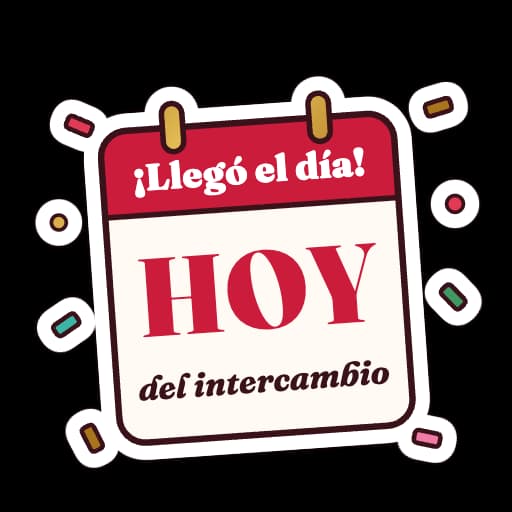 Sticker de una hoja de calendario con el texto «¡Llegó el día! Hoy del intercambio»