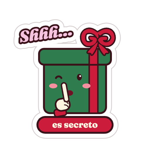 Sticker de una caja de regalo haciendo «shhh» con el texto «Shhh… es secreto»